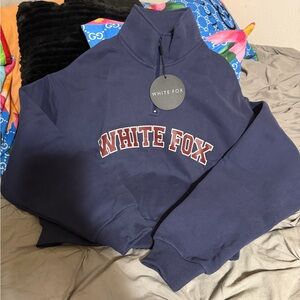 White Fox Boutique Navy Pullover Half-Zip Sweatshirt with Maroon Lettering